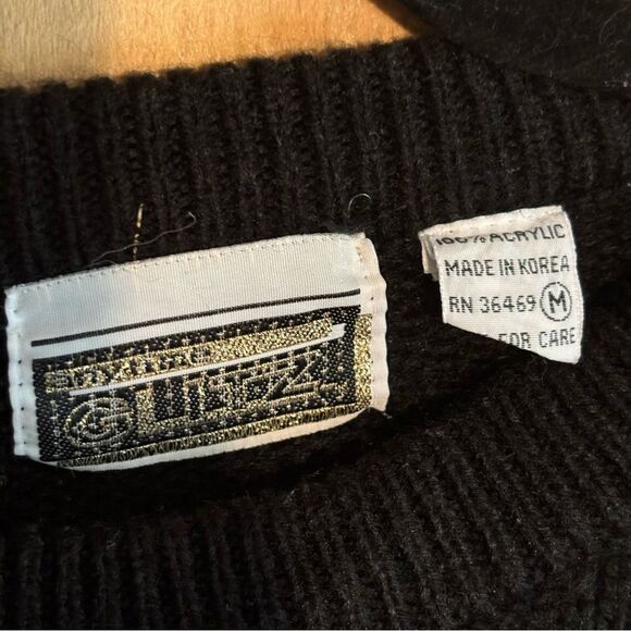 Vintage 80s Anytime Glitz Leather Floral Embellished Black Sweater Medium - Picture 5 of 5